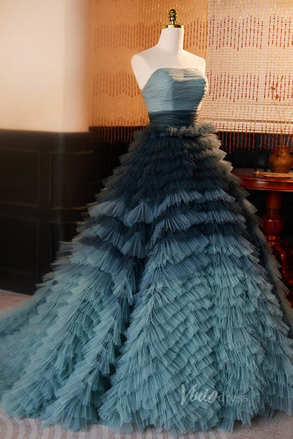 Elegant Tiered Prom Dresses Strapless Pleated Evening Dress AD1065-prom dresses 2025 -Viniodress-Blue-Custom Size-