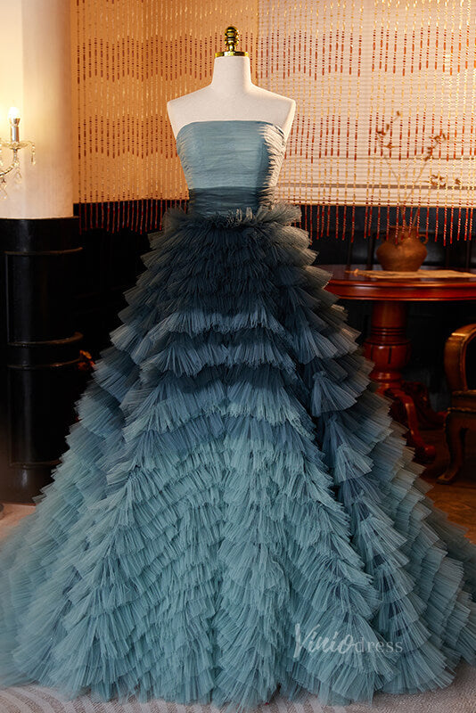 Elegant Tiered Prom Dresses Strapless Pleated Evening Dress AD1065-prom dresses-Viniodress-Blue-Custom Size-Viniodress