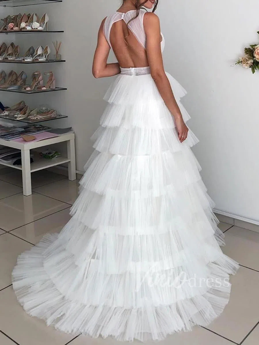 Elegant Tiered Tulle Beach Wedding Dresses V Neck Open Back VW1254-wedding dresses-Viniodress-Viniodress