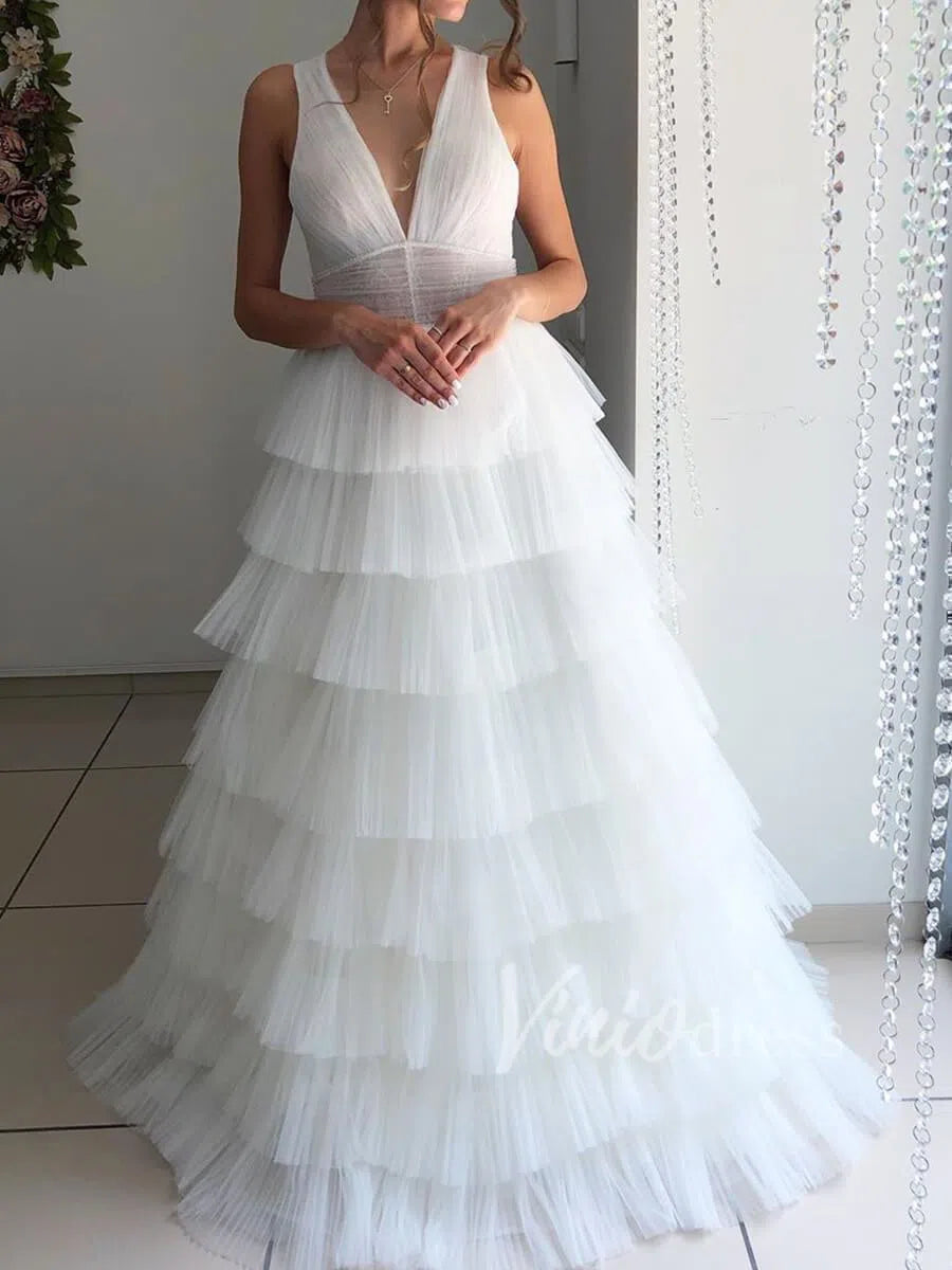 Elegant Tiered Tulle Beach Wedding Dresses V Neck Open Back VW1254-wedding dresses-Viniodress-Viniodress