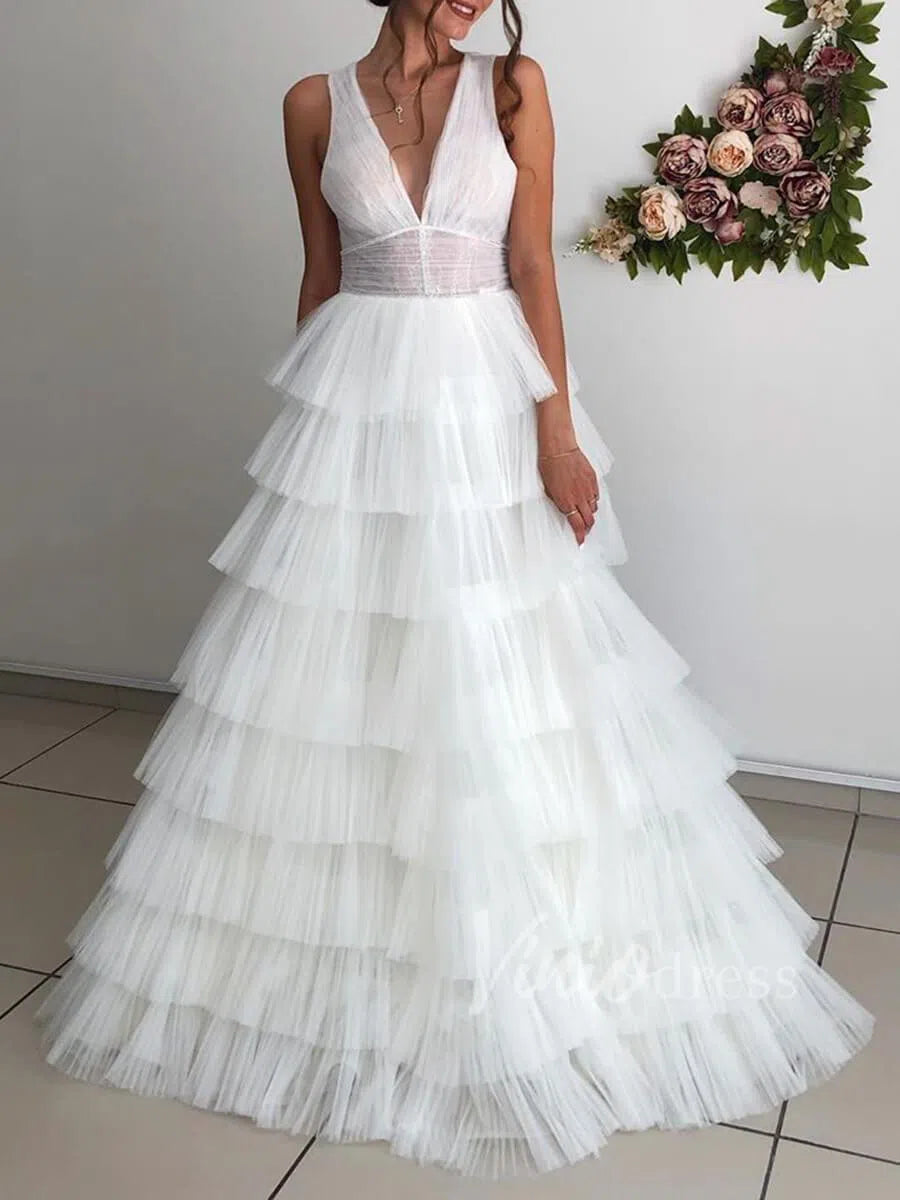 Elegant Tiered Tulle Beach Wedding Dresses V Neck Open Back VW1254-wedding dresses-Viniodress-Ivory-Custom Size-Viniodress