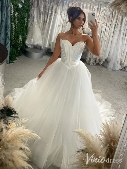 Elegant Tulle Ball Gown Wedding Dress with Beaded Neckline, Boned Bodice and Basque Waist – MS119-wedding dresses 2025 -Viniodress-Ivory-Custom Size-