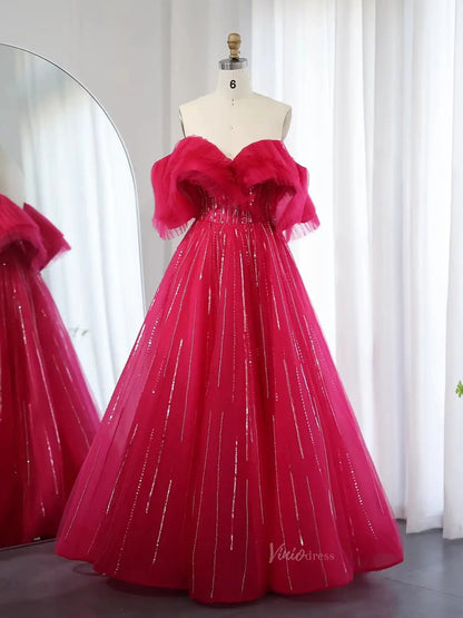 Elegant Tulle Prom Dresses Off the Shoulder Formal Dresses A-line BD033-prom dresses 2025 -Viniodress-Fuchsia-US2-