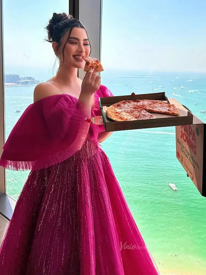 Elegant Tulle Prom Dresses Off the Shoulder Formal Dresses A-line BD033-prom dresses 2025 -Viniodress-Pink-US2-