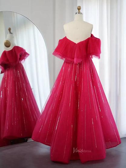 Elegant Tulle Prom Dresses Off the Shoulder Formal Dresses A-line BD033-prom dresses 2025 -Viniodress-Pink-US2-
