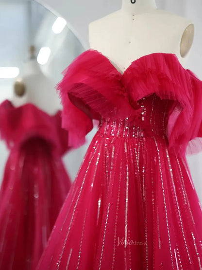 Elegant Tulle Prom Dresses Off the Shoulder Formal Dresses A-line BD033-prom dresses 2025 -Viniodress-Pink-US2-