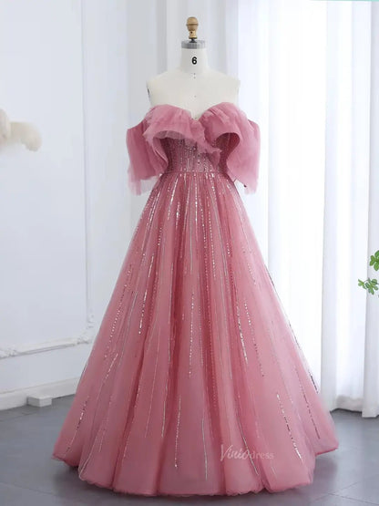 Elegant Tulle Prom Dresses Off the Shoulder Formal Dresses A-line BD033-prom dresses 2025 -Viniodress-Pink-US2-