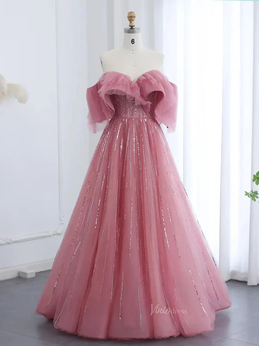 Elegant Tulle Prom Dresses Off the Shoulder Formal Dresses A-line BD033-prom dresses 2025 -Viniodress-Pink-US2-