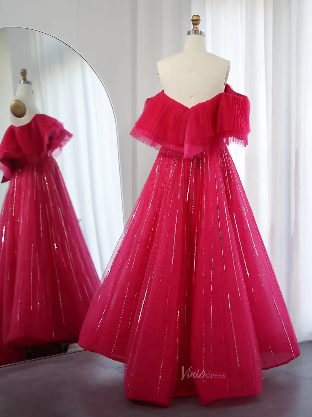 prom dresses 2025 Elegant Tulle Prom Dresses Off the Shoulder Formal Dresses A-line BD033-plus size wedding dresses Viniodress-Pink-US2-