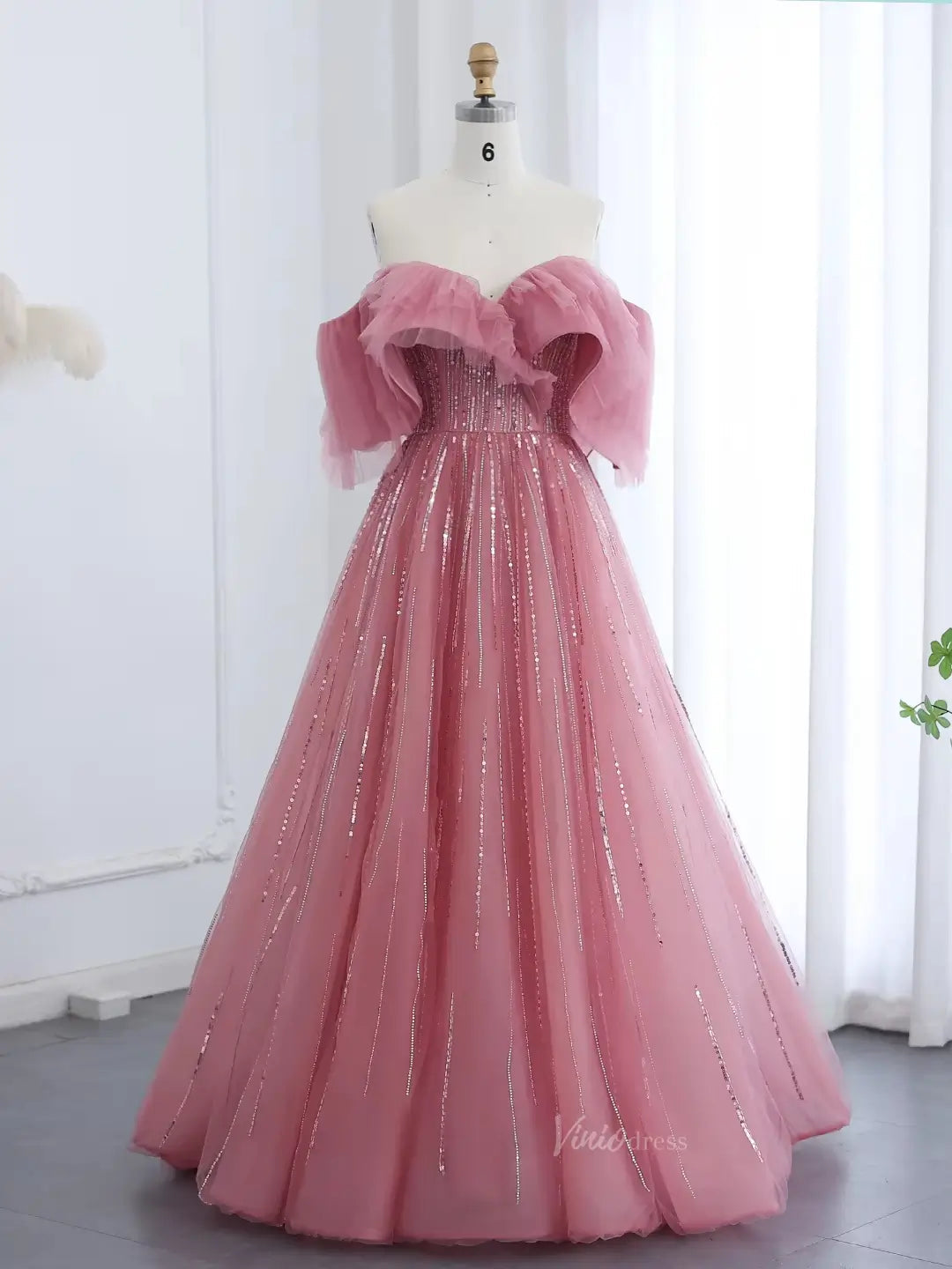 prom dresses 2025 Elegant Tulle Prom Dresses Off the Shoulder Formal Dresses A-line BD033-plus size wedding dresses Viniodress-Pink-US2-