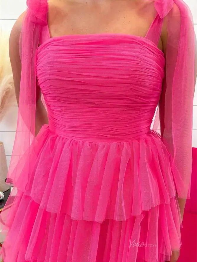 Elegant Tulle Prom Dresses with Slit, Pleated Bodice, Tiered Bottom & Bow-Tie Strap - FD3722-prom dresses 2025 -Viniodress-Blue-Custom Size-