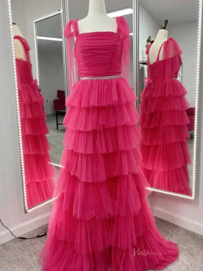 Elegant Tulle Prom Dresses with Slit, Pleated Bodice, Tiered Bottom & Bow-Tie Strap - FD3722-prom dresses 2025 -Viniodress-Fuchsia-Custom Size-
