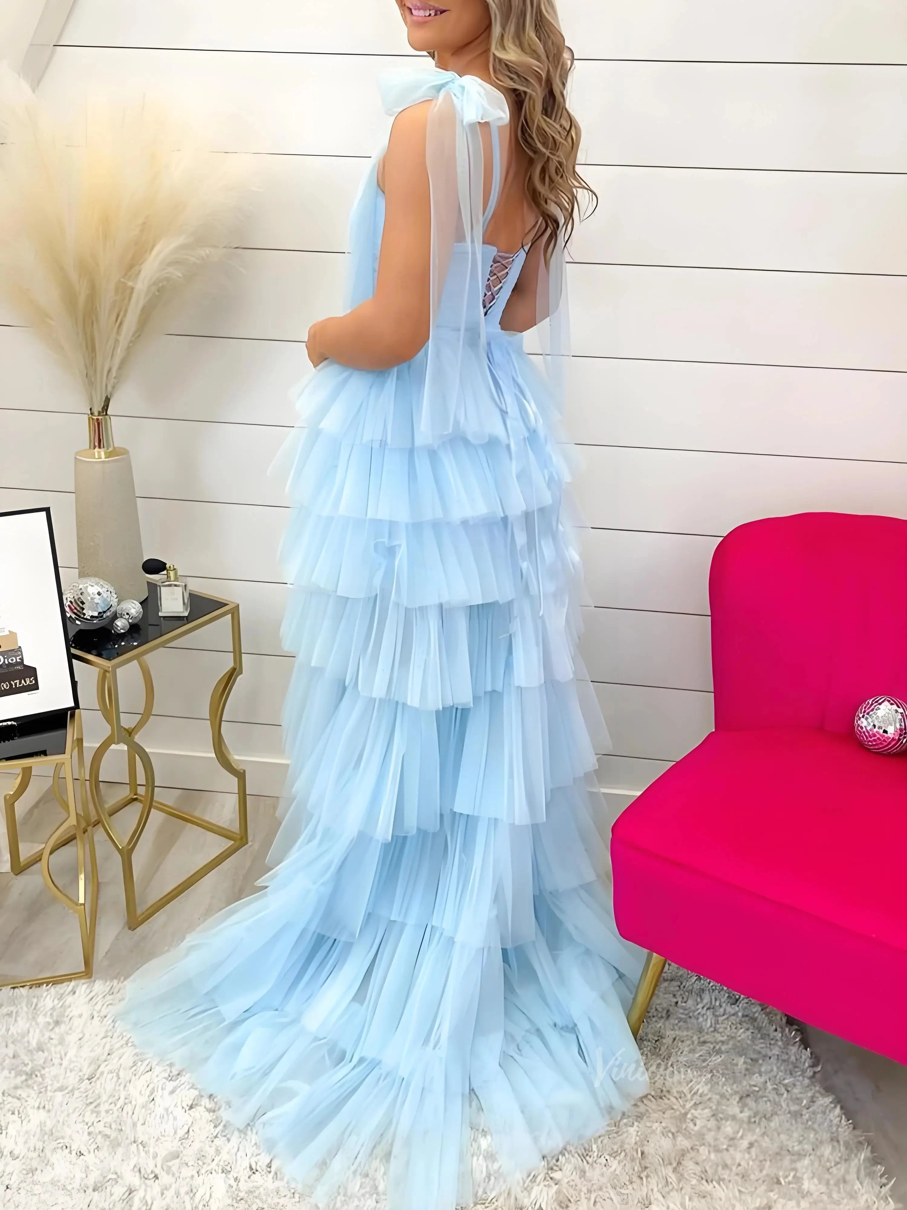 prom dresses 2025 Elegant Tulle Prom Dresses with Slit, Pleated Bodice, Tiered Bottom & Bow-Tie Strap - FD3722-plus size wedding dresses Viniodress-Blue-Custom Size-