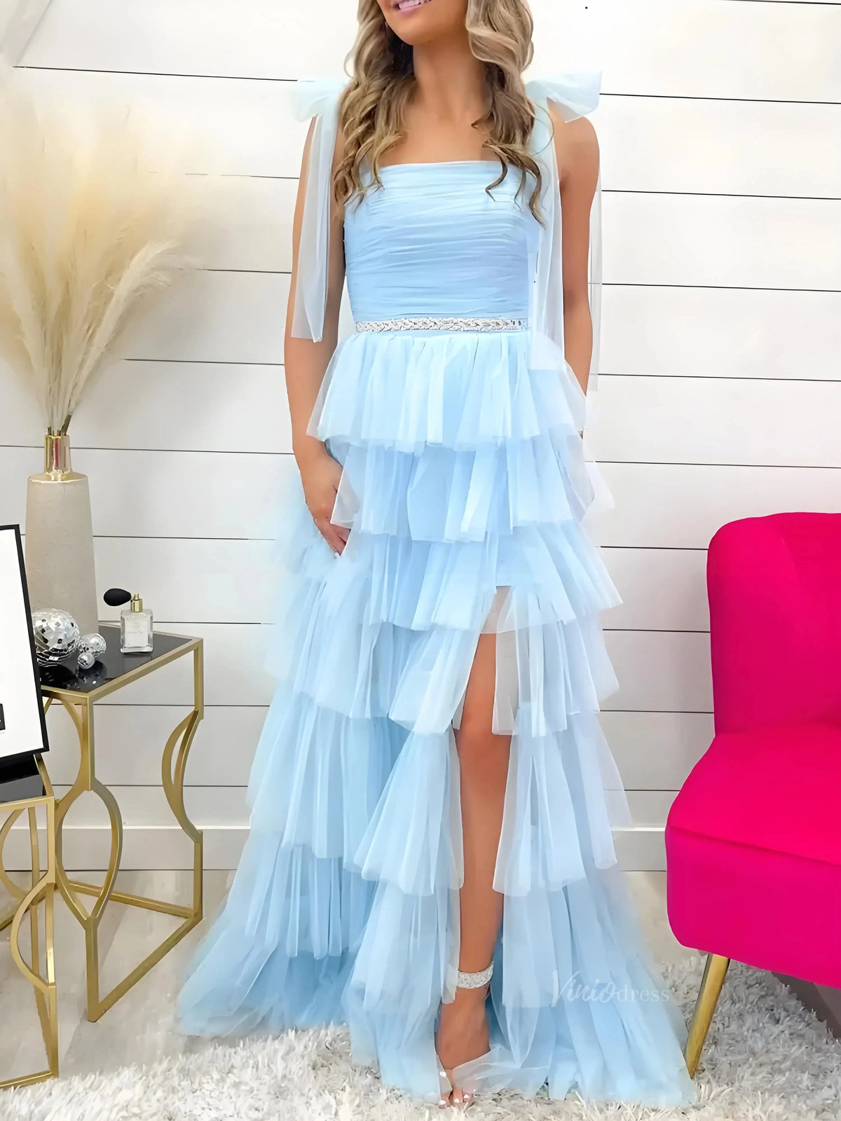 prom dresses 2025 Elegant Tulle Prom Dresses with Slit, Pleated Bodice, Tiered Bottom & Bow-Tie Strap - FD3722-plus size wedding dresses Viniodress-Blue-Custom Size-