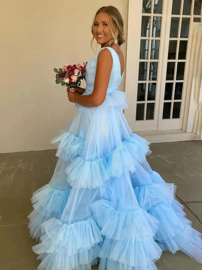 Elegant Tulle Ruffled Prom Dresses 2025 V-Neck Formal Dresses - FD3710-prom dresses 2025 -Viniodress-Blue-Custom Size-