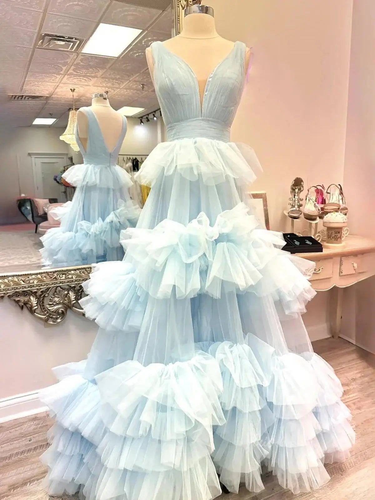 Elegant Tulle Ruffled Prom Dresses 2025 V-Neck Formal Dresses - FD3710-prom dresses 2025 -Viniodress-Blue-Custom Size-