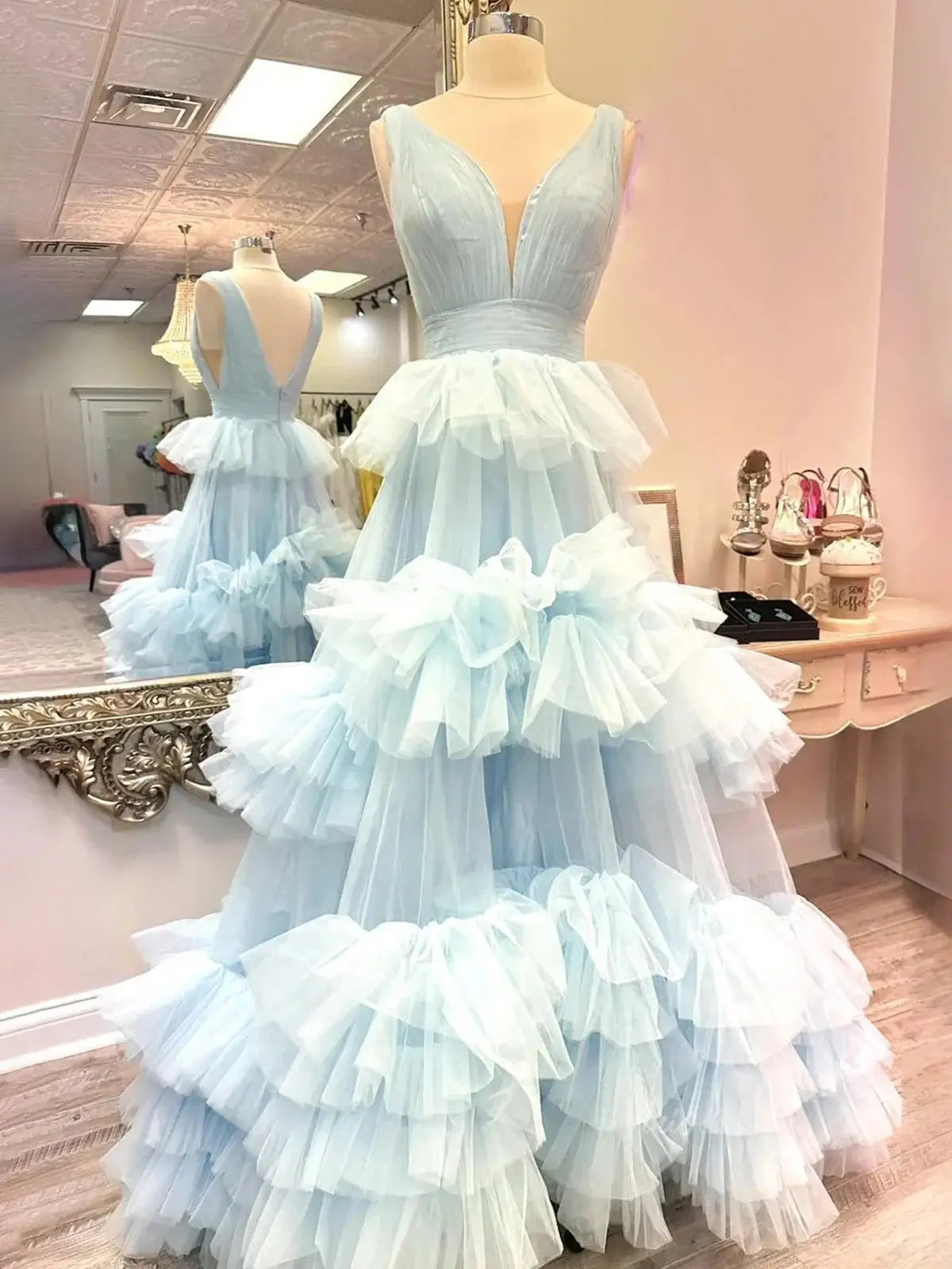 prom dresses 2025 Elegant Tulle Ruffled Prom Dresses 2025 V-Neck Formal Dresses - FD3710-plus size wedding dresses Viniodress-Blue-Custom Size-