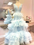 prom dresses 2025 Elegant Tulle Ruffled Prom Dresses 2025 V-Neck Formal Dresses - FD3710-plus size wedding dresses Viniodress-Blue-Custom Size-