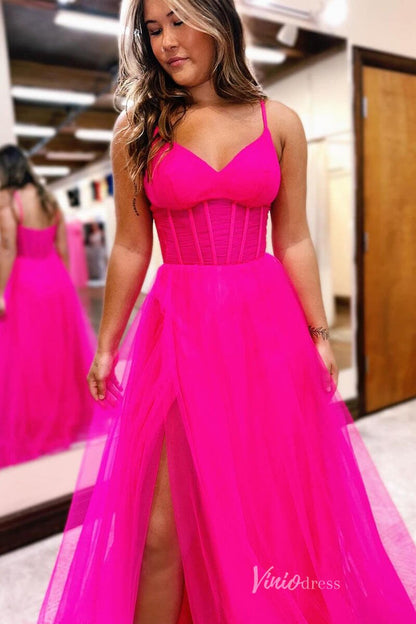 Elegant Tulle Spaghetti Strap Prom Dresses with Slit Boned Bodice FD4051-prom dresses 2025 -Viniodress-Hot Pink-Custom Size-