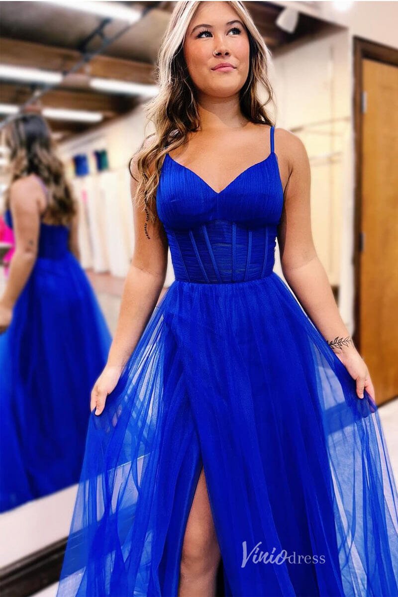 Elegant Tulle Spaghetti Strap Prom Dresses with Slit Boned Bodice FD4051-prom dresses 2025 -Viniodress-Hot Pink-Custom Size-