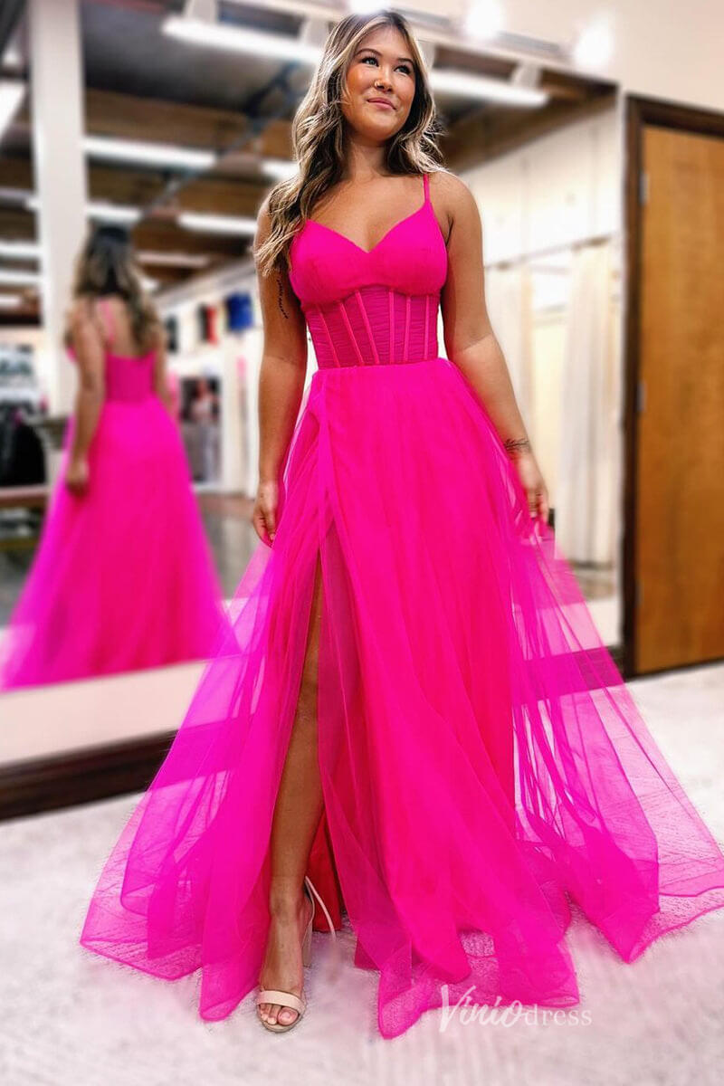 Elegant Tulle Spaghetti Strap Prom Dresses with Slit Boned Bodice FD4051-prom dresses-Viniodress-Hot Pink-Custom Size-Viniodress