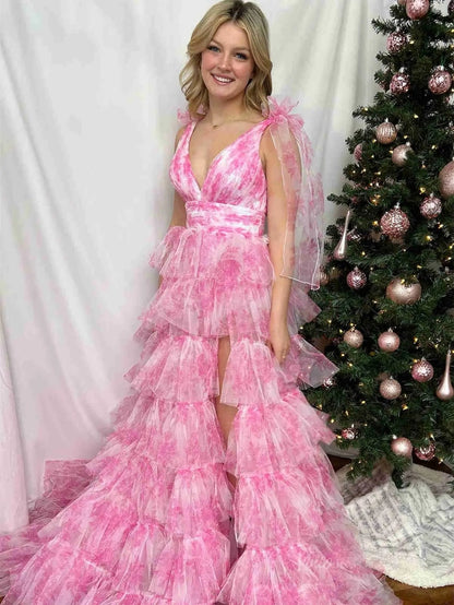Elegant Tulle Tiered Prom Dresses 2025 Bow-Tie V-Neck Formal Gown with Slit - FD5302-prom dresses 2025 -Viniodress-Pink-Custom Size-