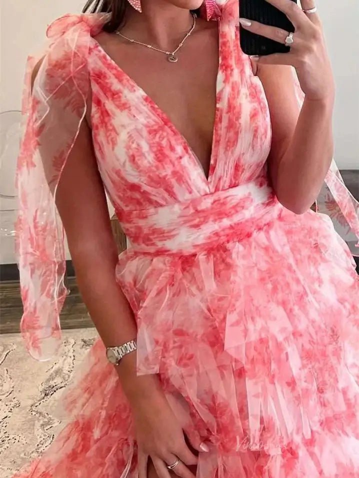 Elegant Tulle Tiered Prom Dresses 2025 Bow-Tie V-Neck Formal Gown with Slit - FD5302-prom dresses 2025 -Viniodress-Red-Custom Size-