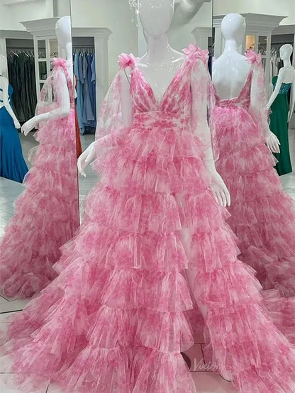 Elegant Tulle Tiered Prom Dresses 2025 Bow-Tie V-Neck Formal Gown with Slit - FD5302-prom dresses 2025 -Viniodress-Red-Custom Size-