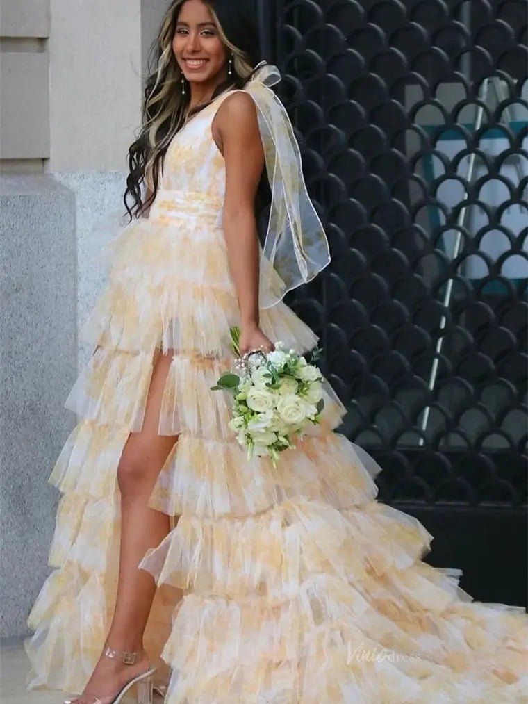 Elegant Tulle Tiered Prom Dresses 2025 Bow-Tie V-Neck Formal Gown with Slit - FD5302-prom dresses 2025 -Viniodress-Yellow-Custom Size-