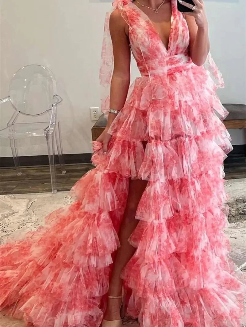 Elegant Tulle Tiered Prom Dresses 2025 Bow-Tie V-Neck Formal Gown with Slit - FD5302-prom dresses 2025 -Viniodress-Red-Custom Size-