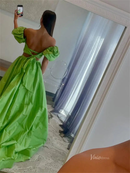 Elegant Two-Piece Satin Prom Dress with Slit & Puffed Sleeves – Style FD5168-prom dresses 2025 -Viniodress-Green-Custom Size-