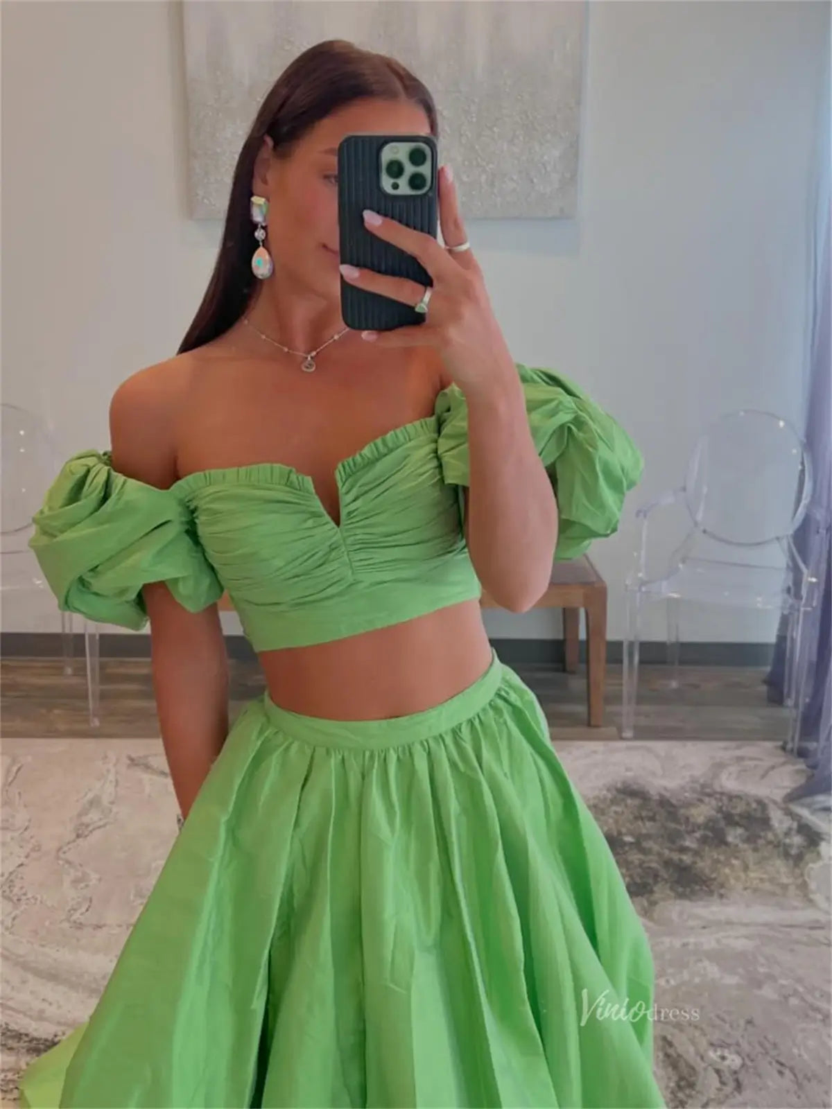 Elegant Two-Piece Satin Prom Dress with Slit & Puffed Sleeves – Style FD5168-prom dresses 2025 -Viniodress-Green-Custom Size-