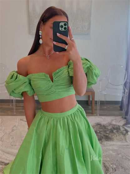 Elegant Two-Piece Satin Prom Dress with Slit & Puffed Sleeves – Style FD5168-prom dresses 2025 -Viniodress-Green-Custom Size-