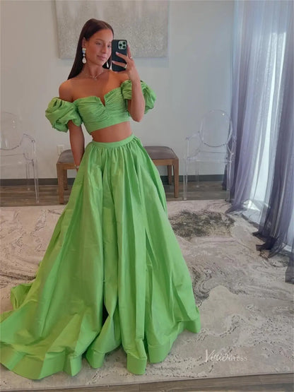 Elegant Two-Piece Satin Prom Dress with Slit & Puffed Sleeves – Style FD5168-prom dresses 2025 -Viniodress-Green-Custom Size-