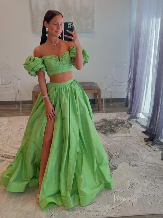 Elegant Two-Piece Satin Prom Dress with Slit & Puffed Sleeves – Style FD5168-prom dresses 2025 -Viniodress-Green-Custom Size-