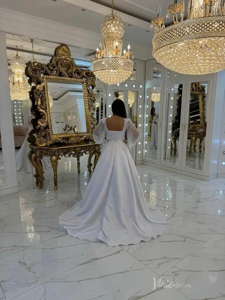 Elegant White A-Line Wedding Dress with Square Neckline, Sheer Puff Sleeves & Button Back – MS123-wedding dresses 2025 -Viniodress-White-Custom Size-