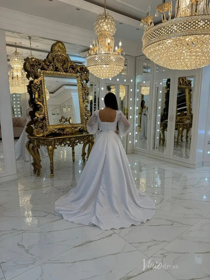 Elegant White A-Line Wedding Dress with Square Neckline, Sheer Puff Sleeves & Button Back – MS123-wedding dresses 2025 -Viniodress-White-Custom Size-