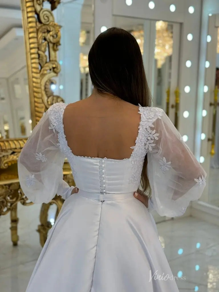 Elegant White A-Line Wedding Dress with Square Neckline, Sheer Puff Sleeves & Button Back – MS123-wedding dresses 2025 -Viniodress-White-Custom Size-