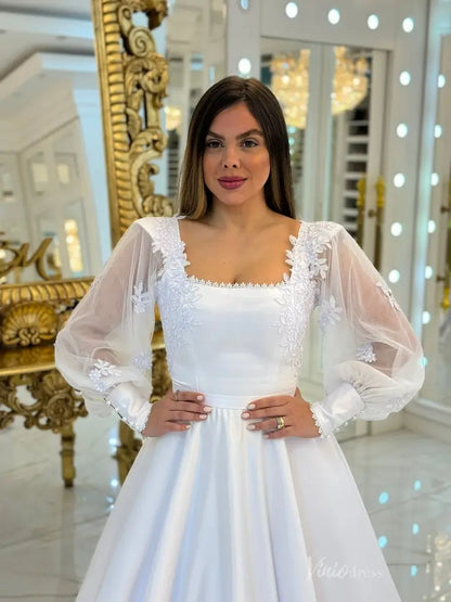Elegant White A-Line Wedding Dress with Square Neckline, Sheer Puff Sleeves & Button Back – MS123-wedding dresses 2025 -Viniodress-White-Custom Size-