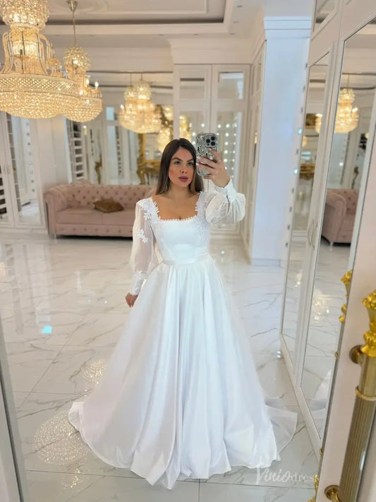 Elegant White A-Line Wedding Dress with Square Neckline, Sheer Puff Sleeves & Button Back – MS123-wedding dresses 2025 -Viniodress-White-Custom Size-