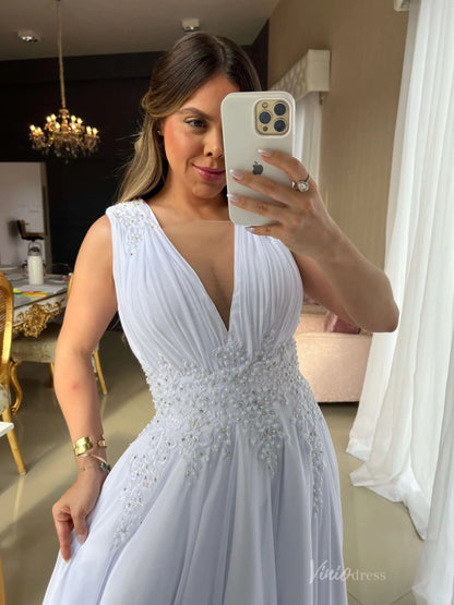 Elegant White Crepe Deep V-Neck Wedding Dress with Beaded Bodice & Lace-Up Back – MS124-wedding dresses 2025 -Viniodress-Ivory-Custom Size-