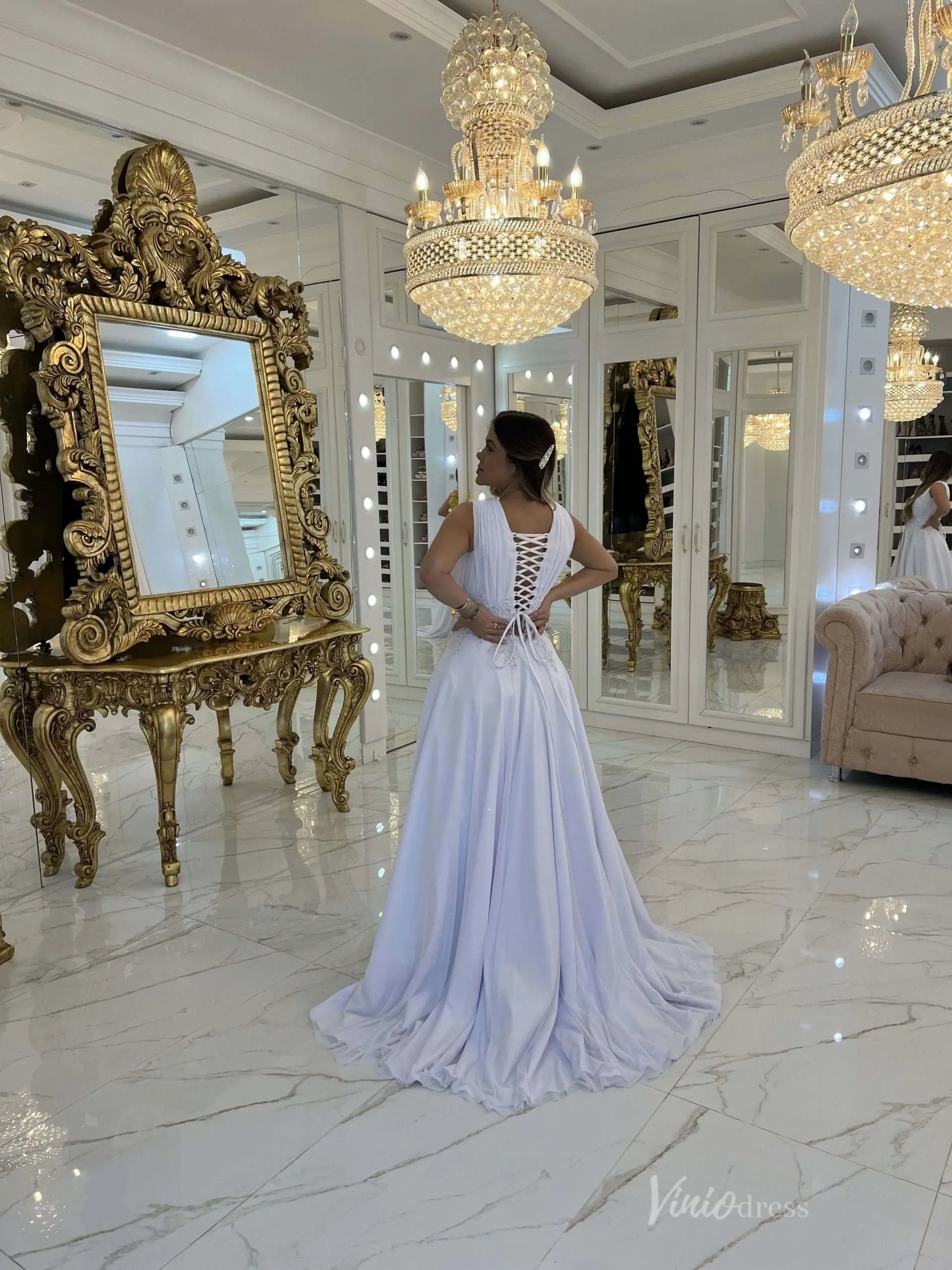 Elegant White Crepe V-Neck A-Line Wedding Dress with Beaded Bodice MS124 Viniodress Elegant White Crepe V-Neck A-Line Wedding Dress with Beaded Bodice MS124 Viniodress