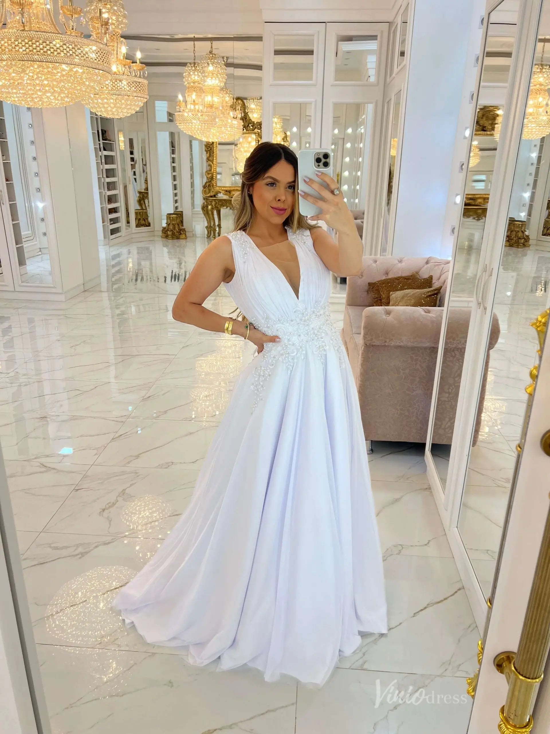 Elegant White Crepe V-Neck A-Line Wedding Dress with Beaded Bodice MS124 Viniodress Elegant White Crepe V-Neck A-Line Wedding Dress with Beaded Bodice MS124 Viniodress