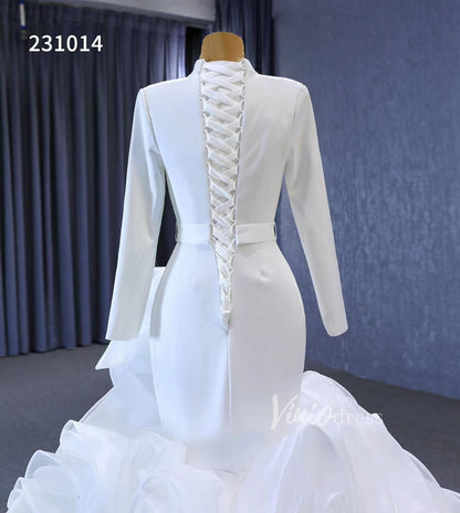 Elegant White Mermaid Ruffle Wedding Dresses with Long Sleeves 231014-wedding dresses 2025 -Viniodress-Ivory-Custom Size-