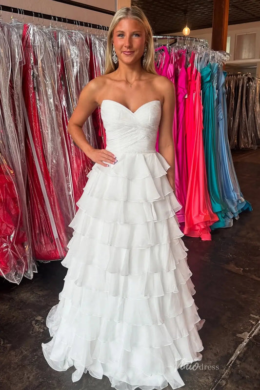 Elegant White Ruffled Prom Dresses Strapless Sweetheart with Layered Chiffon Skirt RF306-prom dresses 2026-Viniodress-Ivory-Custom Size-