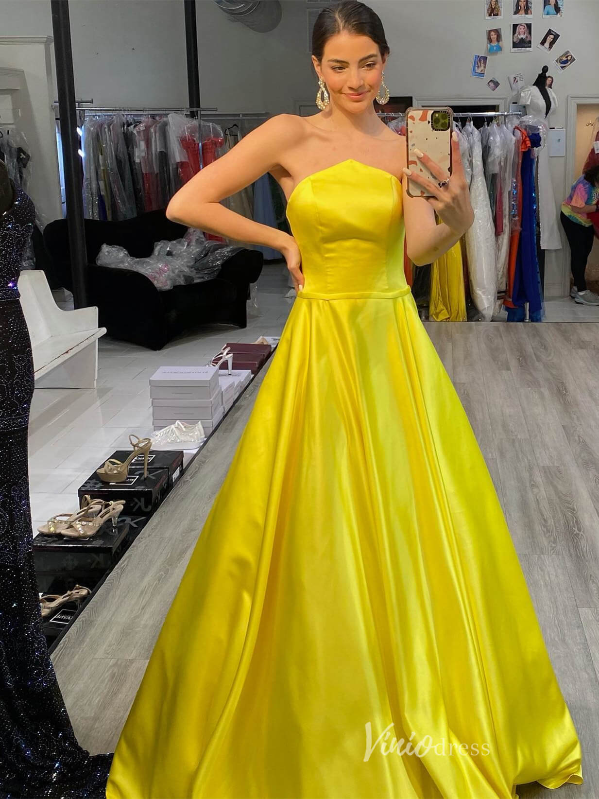 Elegant Yellow Satin Prom Dresses Strapless Formal Gown FD3997-prom dresses 2025 -Viniodress-Yellow-Custom Size-