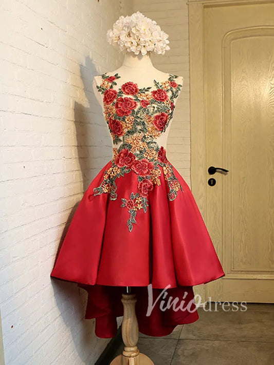 Embroidery Floral High Low Short Prom Dresses SD1165A-prom dresses 2025 -Viniodress-Red-Custom Size-