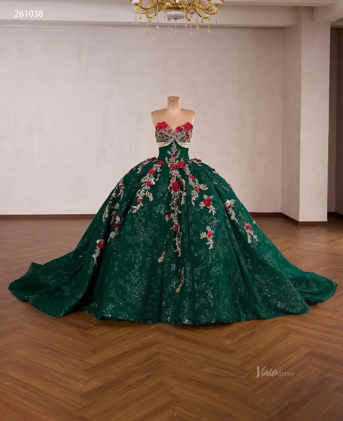 Emerald Green 3D Floral Wedding Dress Gold Applique Ball Gown Viniodress Emerald Green 3D Floral Wedding Dress Gold Applique Ball Gown Viniodress