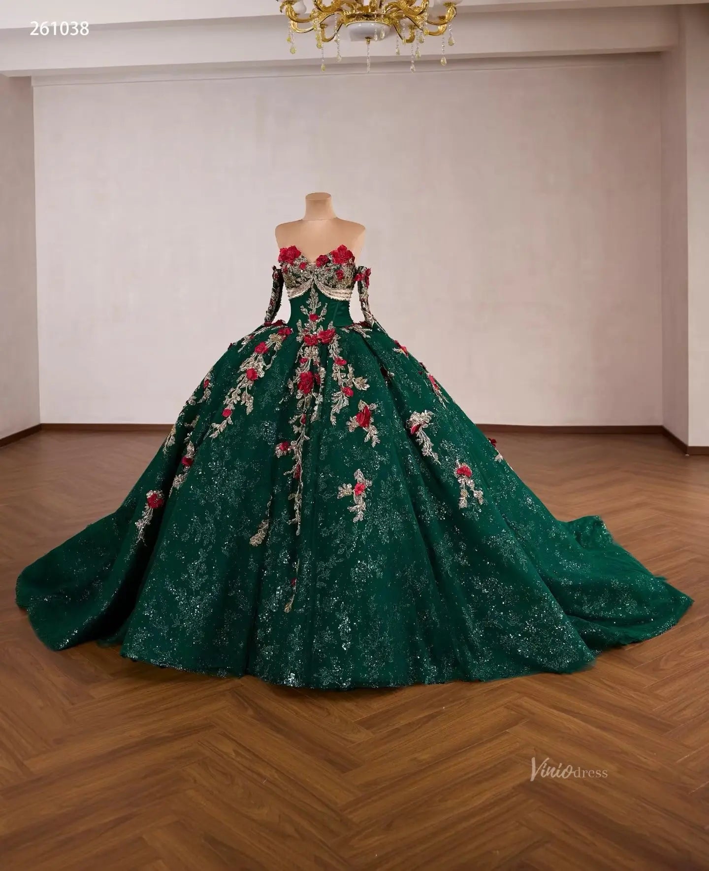 Emerald Green 3D Floral Wedding Dress Gold Applique Ball Gown Viniodress Emerald Green 3D Floral Wedding Dress Gold Applique Ball Gown Viniodress