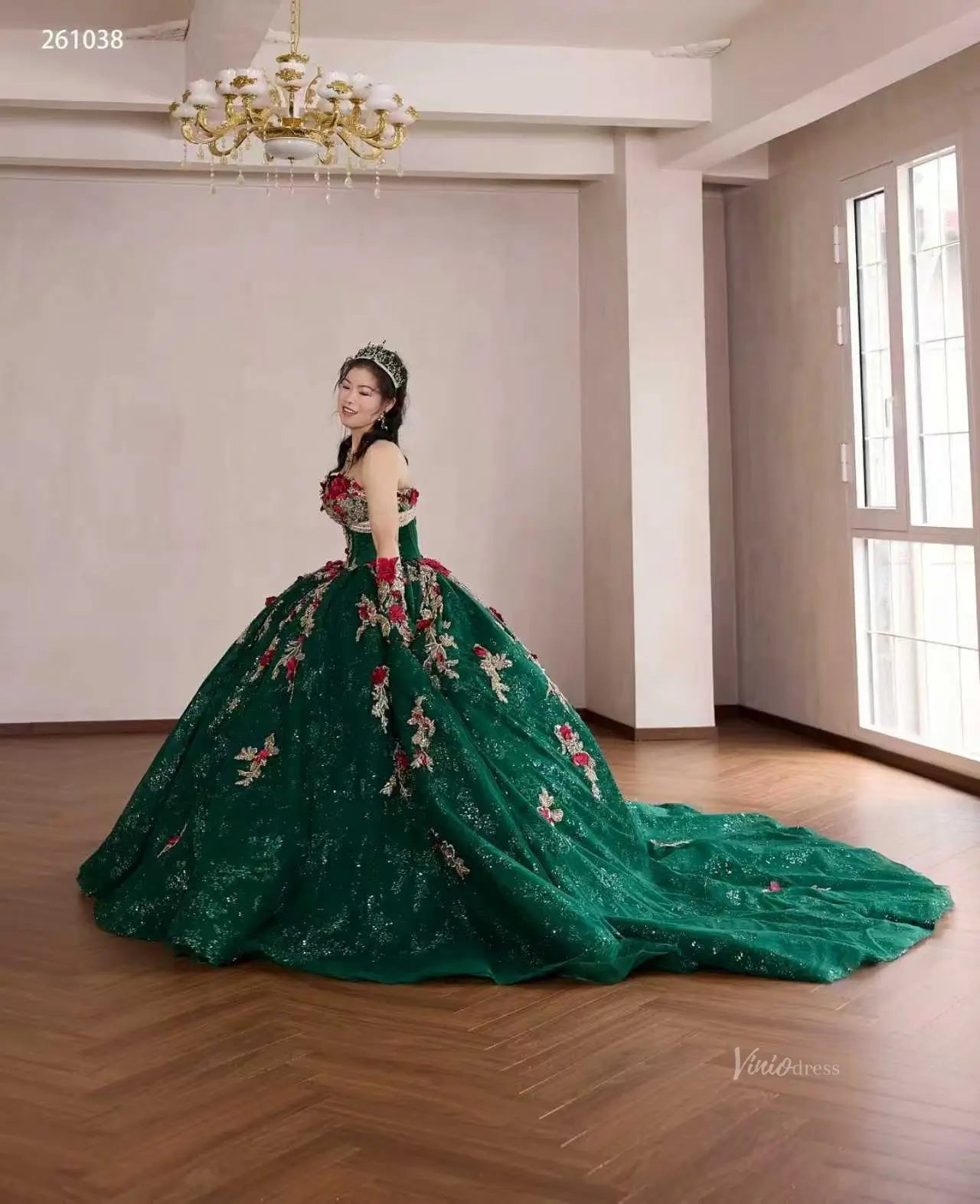 Emerald Green 3D Floral Wedding Dress Gold Applique Ball Gown Viniodress Emerald Green 3D Floral Wedding Dress Gold Applique Ball Gown Viniodress